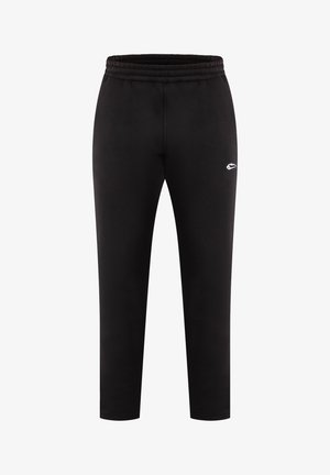 Pantaloni sportivi neri con una cintura elastica e polsini per le caviglie. Presentano un piccolo logo bianco sul lato sinistro. Realizzati in tessuto morbido e elasticizzato.