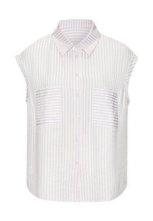 Kurzärmeliges, mit Kragen versehenes Hemd in helllila und weißen Streifen, das zwei strukturierte aufgesetzte Taschen und eine Knopfleiste aufweist.