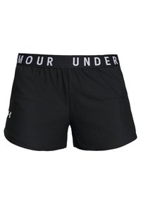 Pantalones cortos deportivos negros con una amplia cinturilla elástica donde se imprime 'UNDER ARMOUR' en blanco contrastante. Tela lisa y elástica con dobladillos curvados.