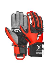 Rote und graue Torwart Handschuhe mit strukturiertem Grip, verstärkten Fingern und verstellbarem Handgelenkband. Mit "WORLD CUP WARRIOR" Branding.