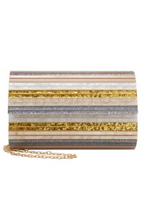 Clutch bag featuring horizontal stripes in metallic gold, silver, and beige, with glitter accents and a gold chain strap. Rectangular shape.