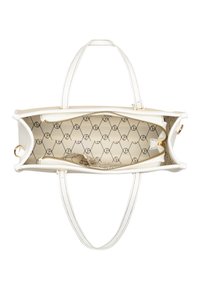 Weißes Lederhandtasche mit zwei Griffen und einem Reißverschluss oben. Innenfutter aus beiger Stoff, der ein wiederholtes geometrisches Muster zeigt.