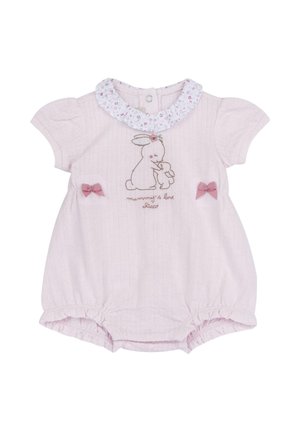 Tutina per neonato rosa chiaro con colletto floreale arricciato, due fiocchi rosa e ricamo di due coniglietti che si abbracciano con la scritta "amore della mamma".