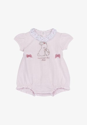 Tutina per neonato rosa chiaro con colletto floreale arricciato, due fiocchi rosa e ricamo di due coniglietti che si abbracciano con la scritta "amore della mamma".