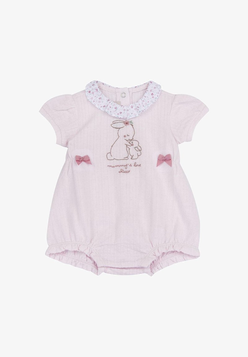 Body bébé rose clair avec col fleuri à volants, deux nœuds roses et broderie de deux lapins enlacés avec le texte « amour de maman ».