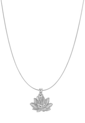 Silver necklace featuring a lotus flower pendant, detailed petals, and a smooth chain. The pendant is three-dimensional and polished.