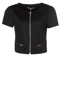 Black short-sleeve top with a round neckline, front zipper closure, and two zippered pockets, made of smooth fabric with slight texture.