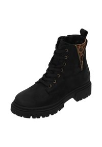 Bottines noires à lacets en suède, avec un accent en imprimé léopard et une fermeture éclair sur le côté, dotées d'une épaisse semelle en caoutchouc et d'un bout renforcé.