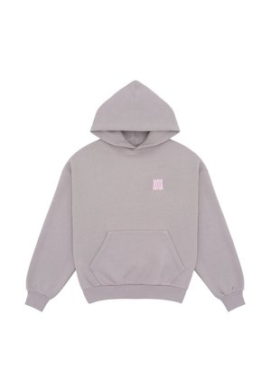 Sweat à capuche gris clair avec poche avant et petit logo rayé vertical rose sur le côté gauche de la poitrine, présenté à plat sur fond blanc.