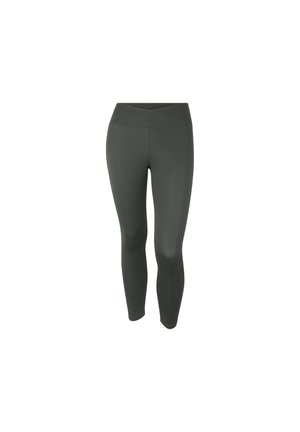 Leggings verde scuro a vita alta con una texture liscia e un design con fascia incrociata. Presentano una silhouette snella e aderente.