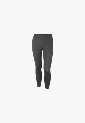 Leggings verde scuro a vita alta con una texture liscia e un design con fascia incrociata. Presentano una silhouette snella e aderente.