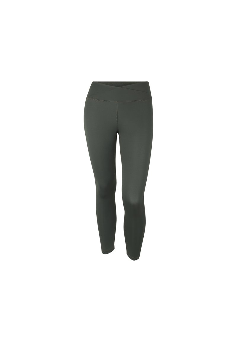 Leggings verde scuro a vita alta con una texture liscia e un design con fascia incrociata. Presentano una silhouette snella e aderente.