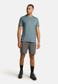 Light blue short-sleeve T-shirt paired with gray shorts. The shirt features a subtle design, with a smooth texture, and the shorts are knee-length.