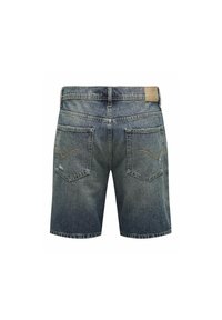Denim šorti, vidēja mazgāšana, taisns griezums. Iezīmes divi aizmugurējie kabatas ar izliekta šuvuma detaļu, ādas logo uz jostas, saplaisājusi apmale.