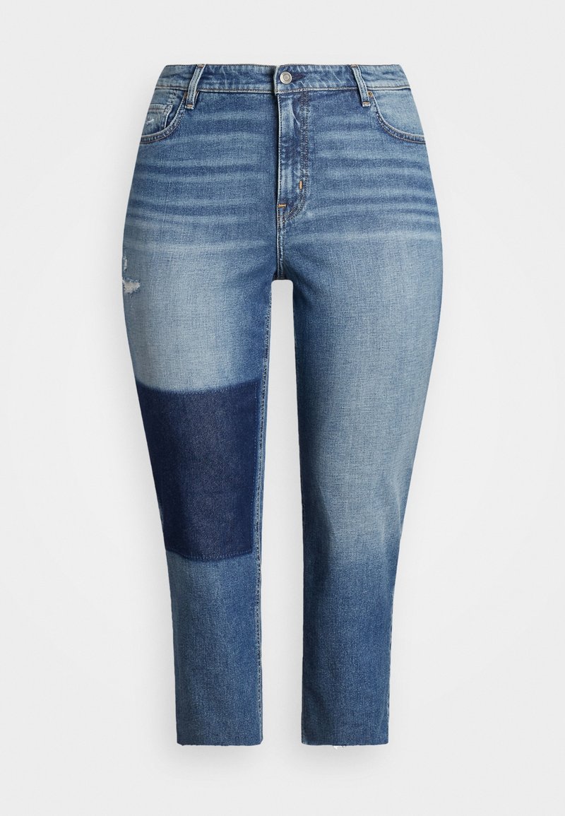 Blue denim jeans with a high waist, featuring a light blue wash, distressed detail, and a dark blue patch on the left leg.