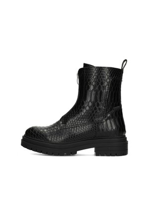 Stivaletti neri eleganti con texture a pelle di serpente lucida, dotati di una cerniera laterale e una suola in gomma spessa per una maggiore aderenza e comfort.