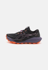 Black running shoe with a textured upper, pink accents, and orange outsole. Cushioned purple midsole features "FF Blast+" branding.