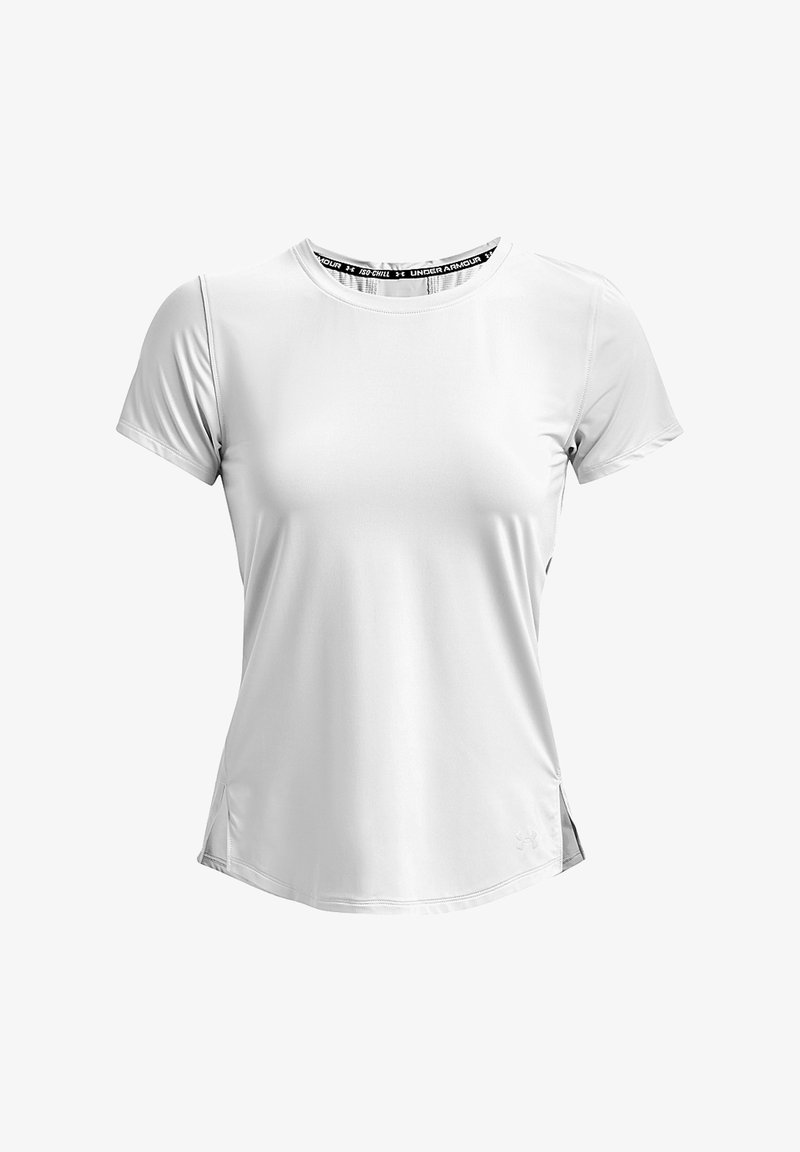 Weißes kurzärmeliges Sportshirt aus glattem, leichtem Stoff, mit einem runden Ausschnitt und seitlichen Schlitzen für mehr Bewegungsfreiheit.