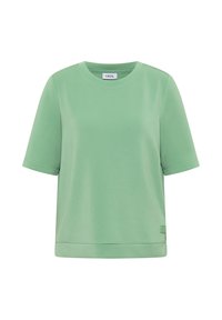 T-shirt vert clair à manches courtes avec un col rond, un ourlet droit et une petite étiquette de logo en bas à gauche.
