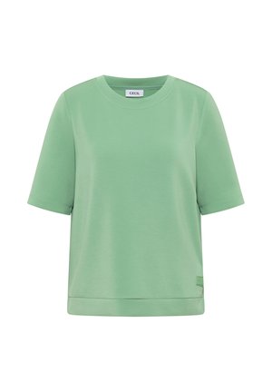 Ljusgrön T-shirt med kort ärm och rund halsringning, rak nederkant och liten logotagg på nedre vänstra sidan.