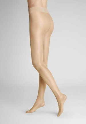 Nude tights with a smooth, sheer texture, featuring a wide, soft waistband and a consistent, light color throughout.