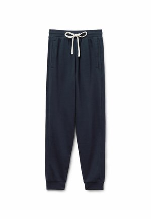 Pantalones de chándal azul marino hechos de una tela suave, con una cintura elástica y un cordón ajustable, bolsillos laterales y dobladillos ajustados.