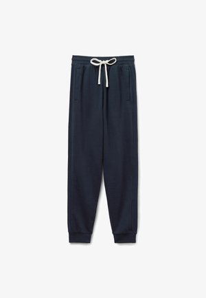 Navy sweatpants made from soft fabric, featuring an elasticated waistband with adjustable drawstring, side pockets, and cuffed hems.