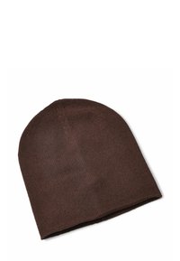 Berretto di lana marrone con un design leggermente morbido, texture liscia e parte superiore arrotondata. Nessun logo o decorazioni visibili.