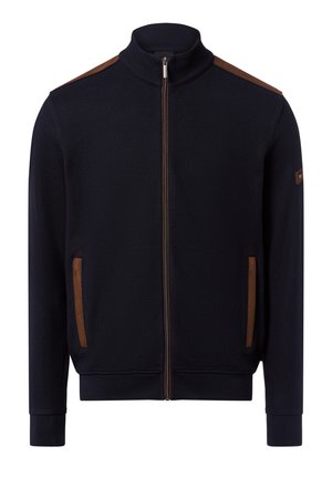 Dark navy zip-up sweatshirt with a high collar, contrasting brown suede shoulder accents, side pockets, and ribbed cuffs and hem.