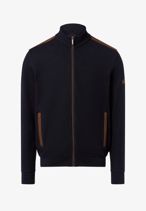 Dark navy zip-up sweatshirt with a high collar, contrasting brown suede shoulder accents, side pockets, and ribbed cuffs and hem.