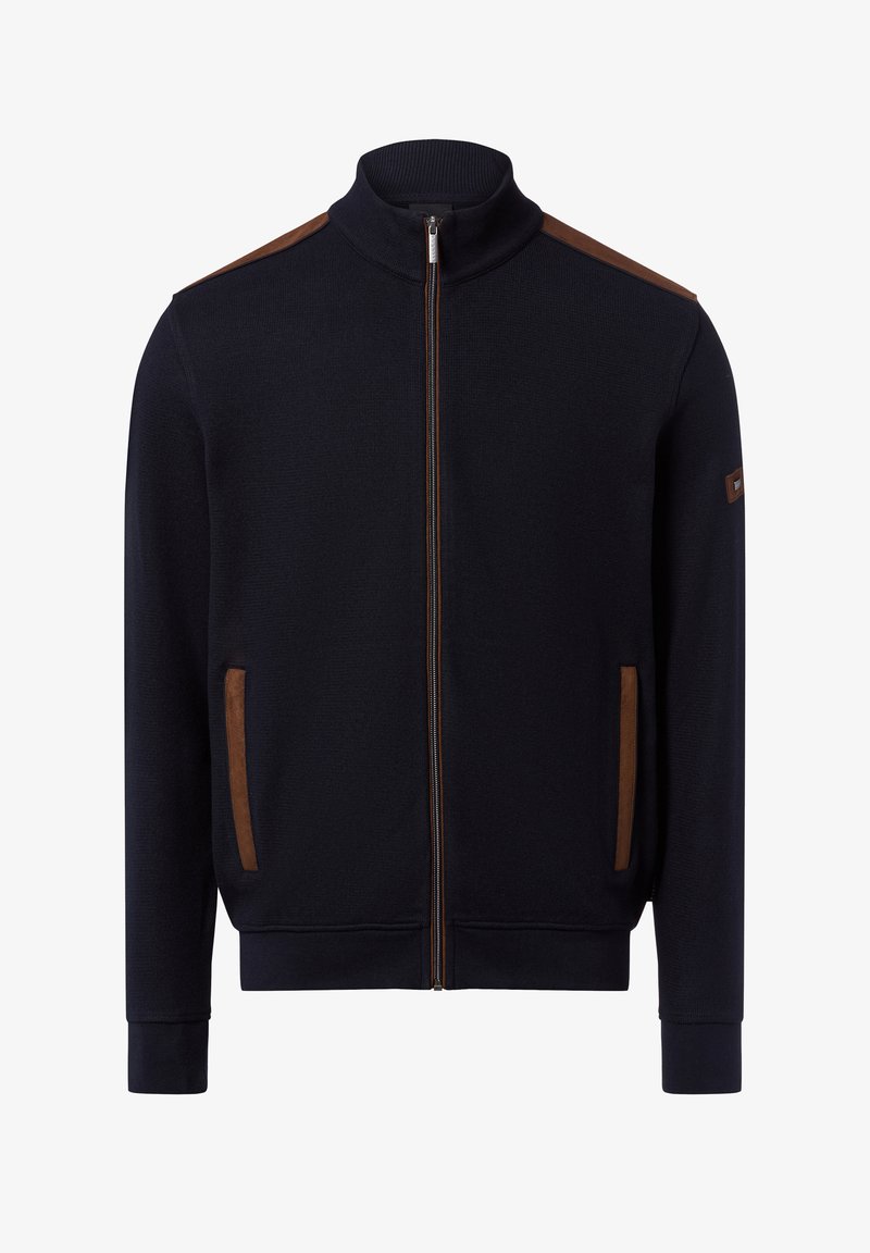 Felpa con zip di un blu navy scuro, colletto alto, dettagli in camoscio marrone a contrasto sulle spalle, tasche laterali e polsini e orlo a coste.