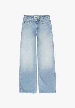 Lichtblauwe wijde jeans van denim, met een hoge taille, vijf zakken en een schone zoom. Licht vervaagd voor een versleten look.