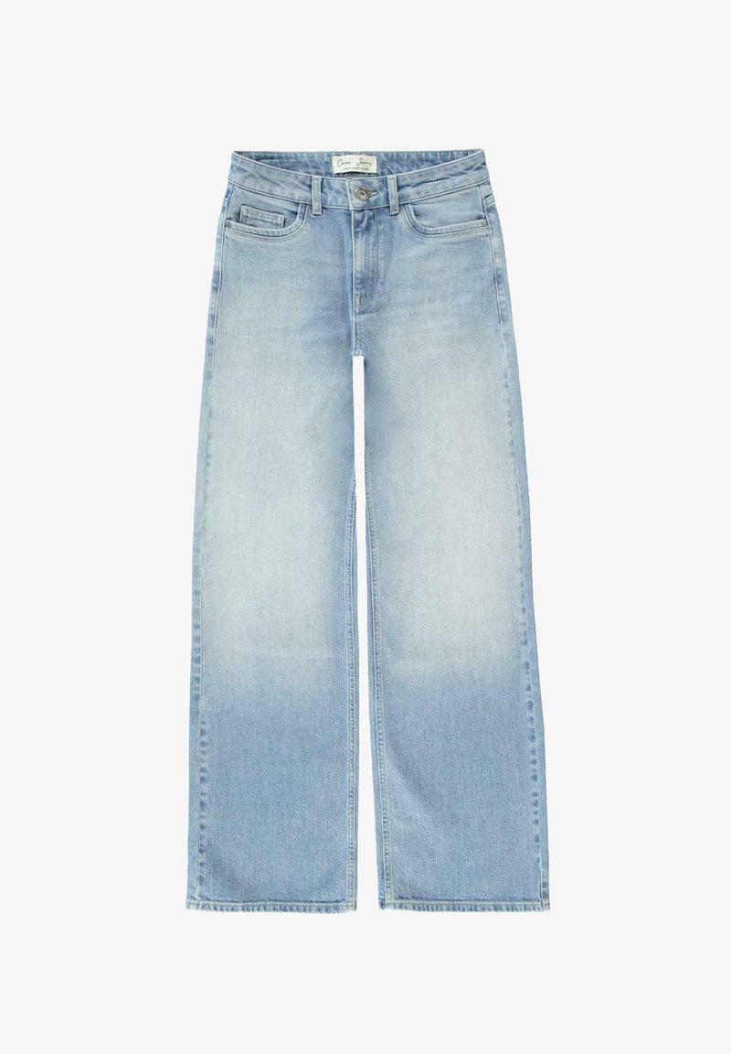Lichtblauwe wijde jeans van denim, met een hoge taille, vijf zakken en een schone zoom. Licht vervaagd voor een versleten look.