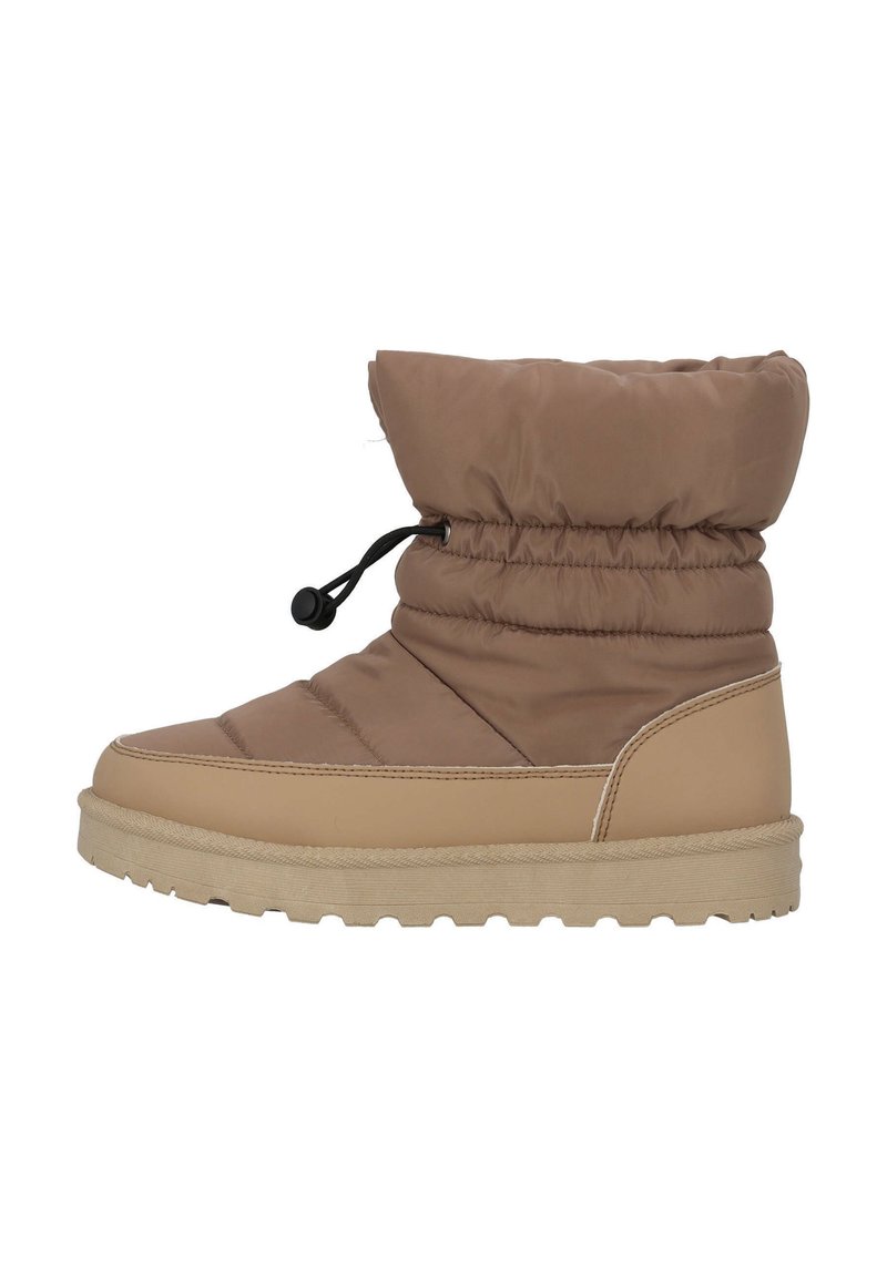 Braune Puffer-Stiefeletten mit gesteppter Oberseite, elastischem Schaft und Gummisohle. Sie verfügen über einen Kordelzug für eine verstellbare Passform und eine strukturierte Außensohle.