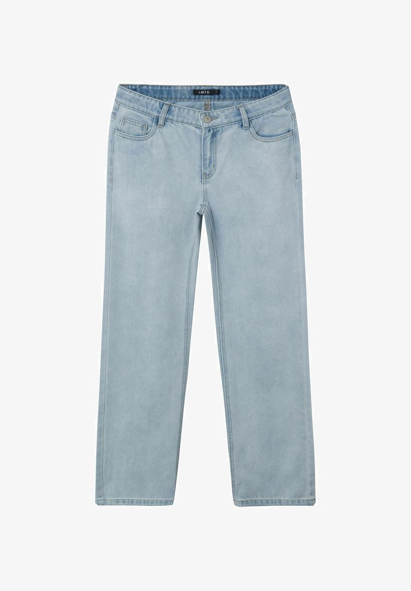 Šviesiai mėlynos džinsinės kelnės su tiesia kojų forma, turinčios penkias kišenes, mygtuko užsegimą ir šiek tiek nublukusią spalvą.