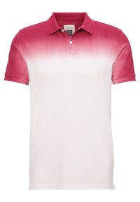 Polo rose et blanc avec un motif dégradé. Il présente un col, une patte de boutonnage à deux boutons et des manches courtes. Matériau en coton doux.