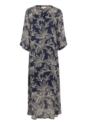Robe maxi transparente bleu marine avec des manches cloche trois-quarts, ornée d'un motif floral en beige clair et de subtiles perles.