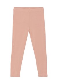 Világos rózsaszín leggings, rugalmas anyagból készült, egyszerű kialakítással, gumis derékkal és látható minták vagy díszek nélkül.