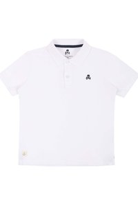 Camisa polo blanca de manga corta hecha de algodón, con un logo de calavera en color marino en el lado izquierdo del pecho y una tapeta de dos botones.