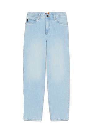 Lichtblauwe denim jeans voor heren met rechte pijpen, vijf zakken en knoopsluiting, met Timberland-merklabel op de tailleband.