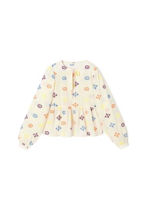 Blouse crème à manches longues avec broderie florale multicolore, col rond avec lien à l'avant et bas peplum froncé.