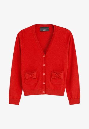 Cardigan rosso lavorato a maglia con scollo a V, cinque bottoni, due tasche frontali con dettagli a fiocco e polsini e orlo a coste.