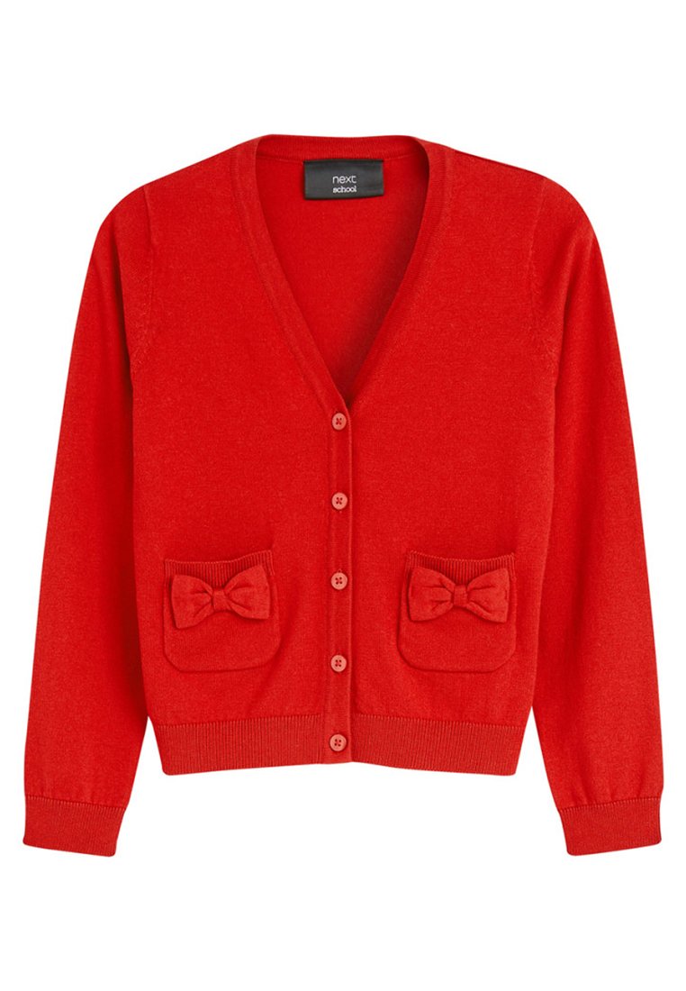 Cardigan rosso lavorato a maglia con scollo a V, cinque bottoni, due tasche frontali con dettagli a fiocco e polsini e orlo a coste.