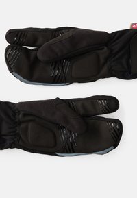 Luvas pretas com um design elegante, apresentando uma palma texturizada preta e forro macio. Inclui detalhes reflexivos subtis e elasticação no pulso.