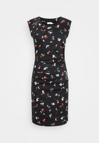 Vestido preto com mangas curtas em forma de cap sleeve, apresentando um padrão floral em vermelho, azul e bege. Projetado com uma silhueta ajustada e detalhe franzido.