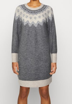 Grijs gebreide sweaterjurk met een ronde halslijn, een patroon op het beleg in lichtgrijs en geribbelde beige manchetten en zoom. Zachte, gestructureerde stof.