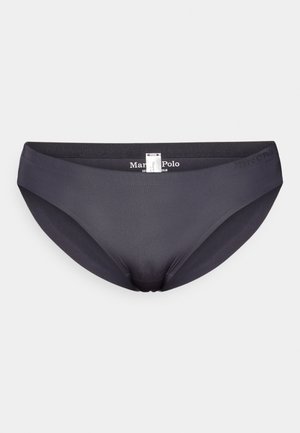 Donkergrijze bikini onderkant van gladde, rekbare stof. Heeft een low-rise taille en een minimalistisch ontwerp met een subtiele merketiket.