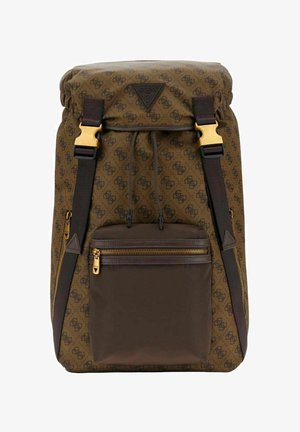 Brown patterned backpack with a drawstring closure, gold hardware, and a front zip pocket. Made of durable fabric with adjustable straps.