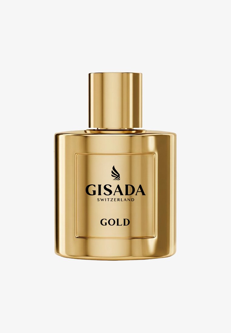 Goldfarbenes, metallisches Parfümfläschchen mit der Aufschrift "GISADA SWITZERLAND GOLD" und einem schwarzen geflügelten Logo auf der Vorderseite.