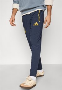 Mornarsko plave sportske hlače s zlatnim detaljima, uže krojene, od teksturiranog materijala, sa bočnim prugama. Kombinirane s tenisicama svjetle boje.